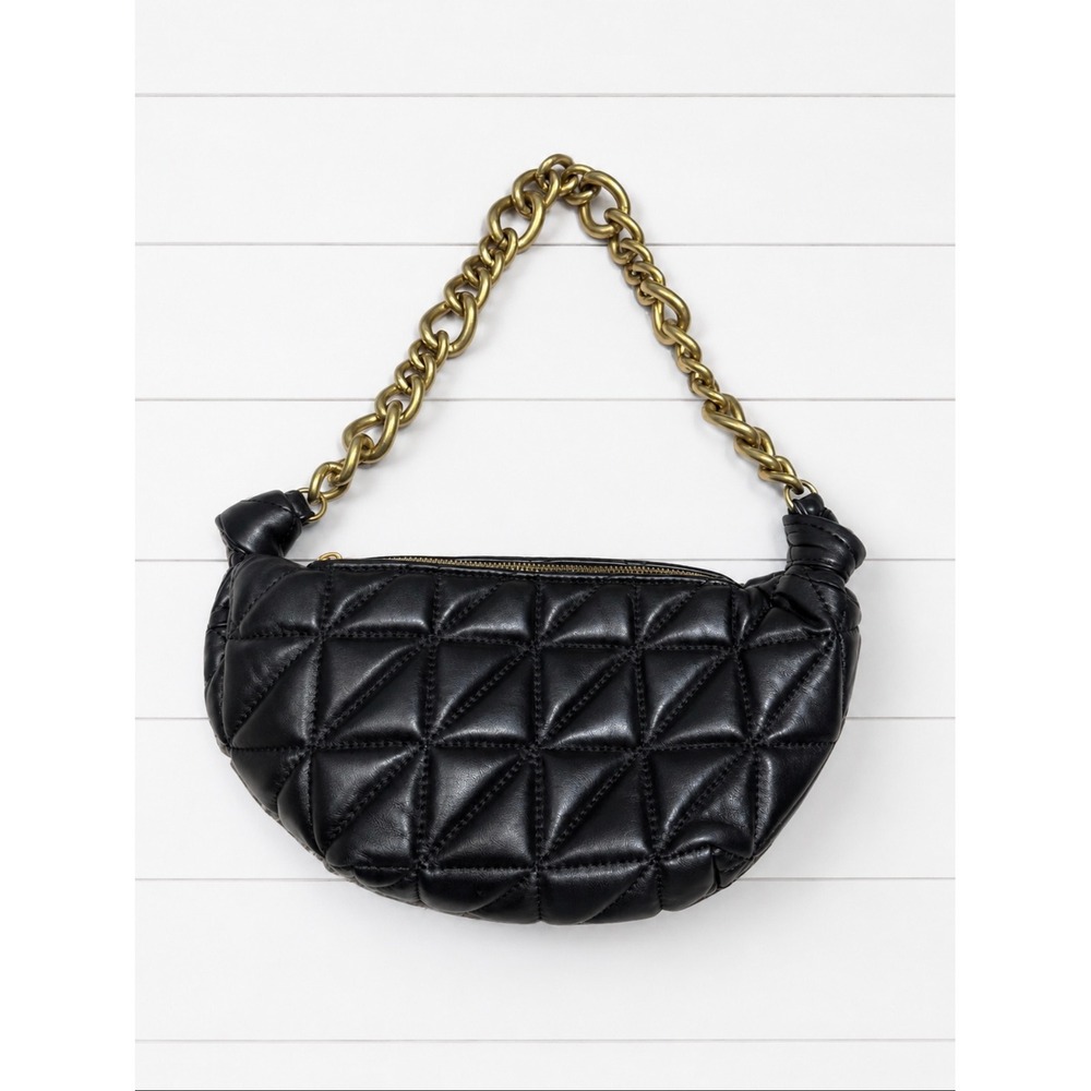 Zara Black Quilted Shoulder Bag Gold Chunky Chain Strap Triangle Stitch Crescent